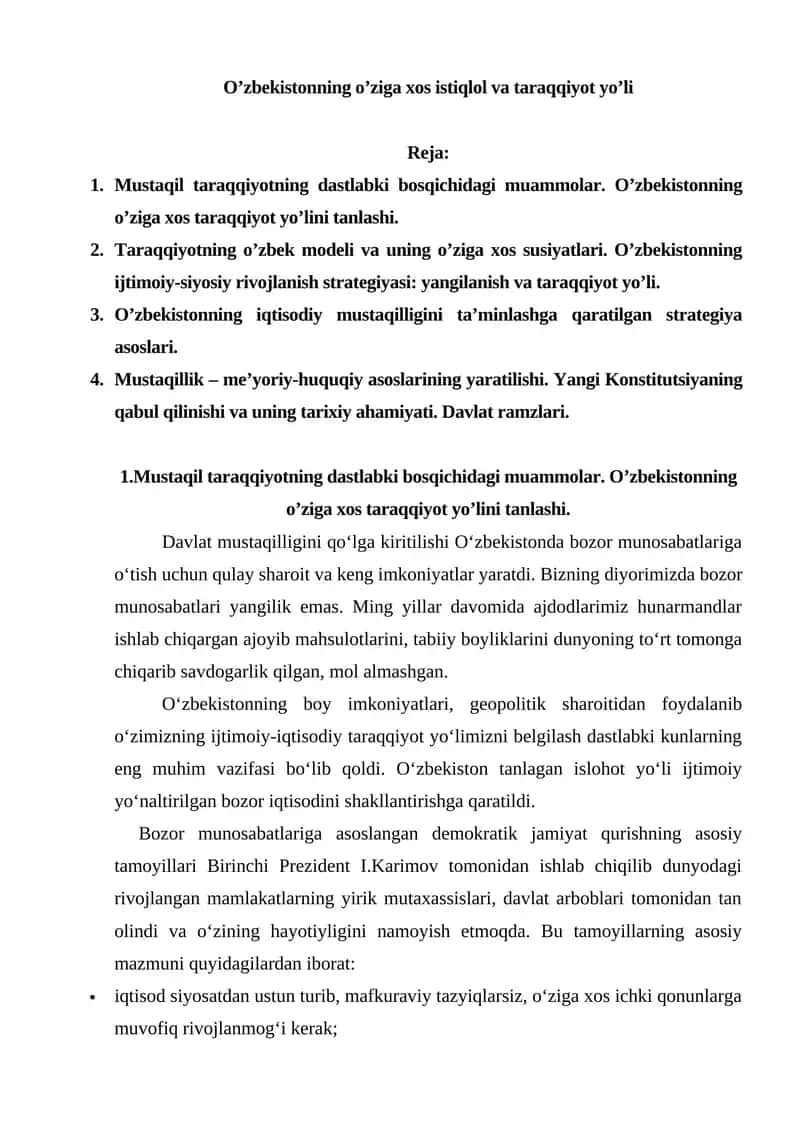 O‘zbekistonning o’ziga xos istiqlol va taraqqiyot yo’li 1