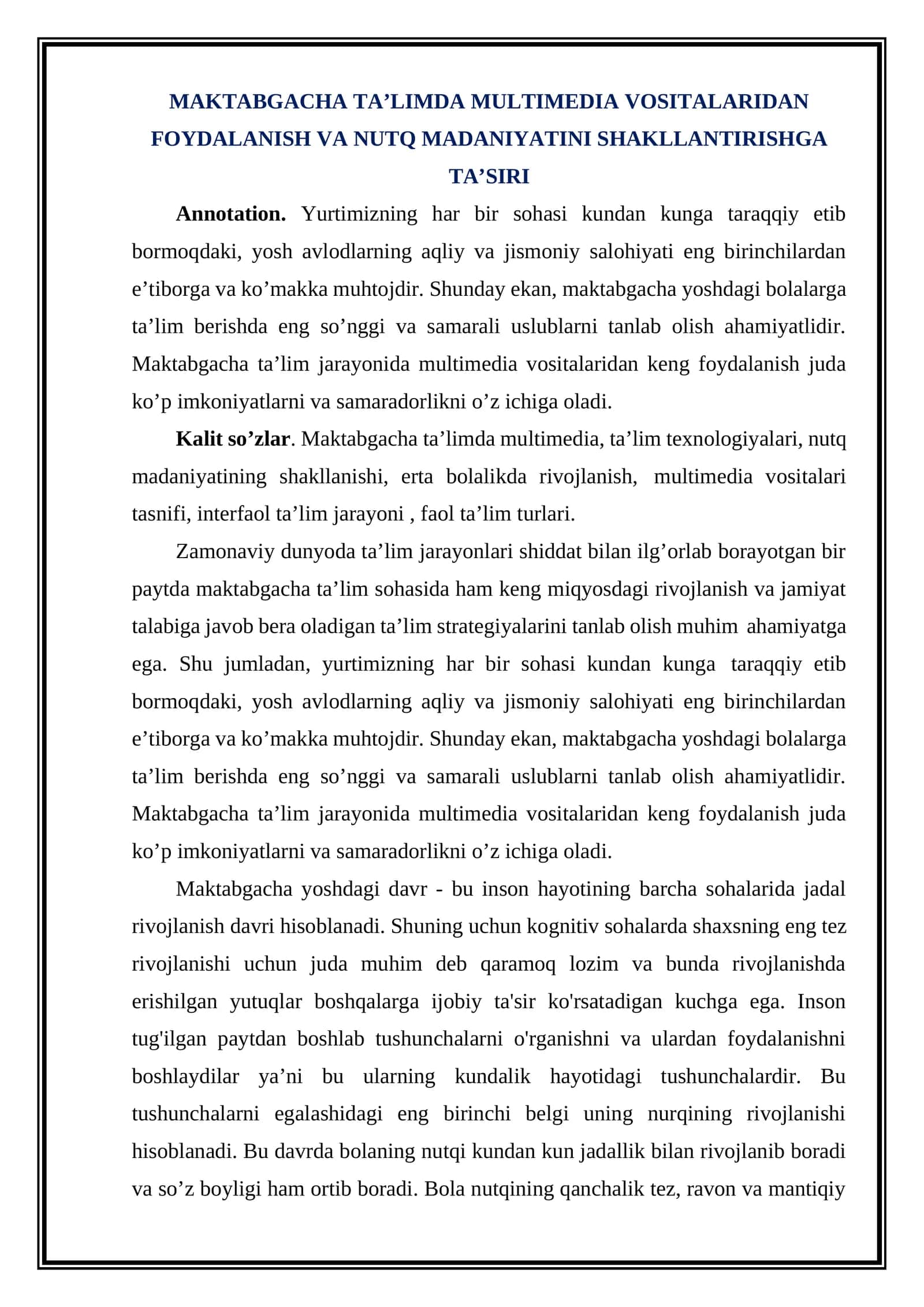 MAKTABGACHA TA’LIMDA MULTIMEDIA VOSITALARIDAN FOYDALANISH VA NUTQ MADANIYATINI SHAKLLANTIRISHGA TA’SIRI 1