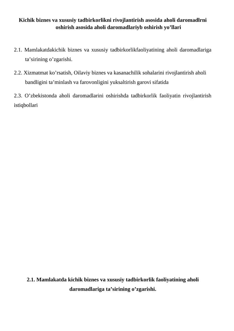 Kichik biznes va xususiy tadbirkorlik faoliyatining aholi daromadlariga ta’sirining o’zgarishi 1