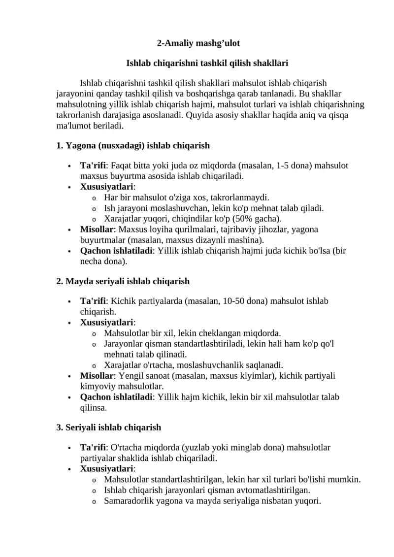 2-Amaliy mashg’ulot Ishlab chiqarishni tashkil qilish shakllari 1