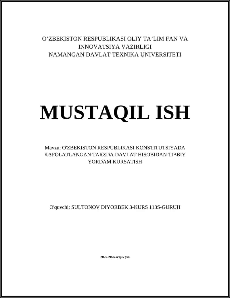 O'ZBEKISTON RESPUBLIKASI KONSTITUTSIYADA KAFOLATLANGAN TARZDA DAVLAT HISOBIDAN TIBBIY YORDAM KURSATISH 1