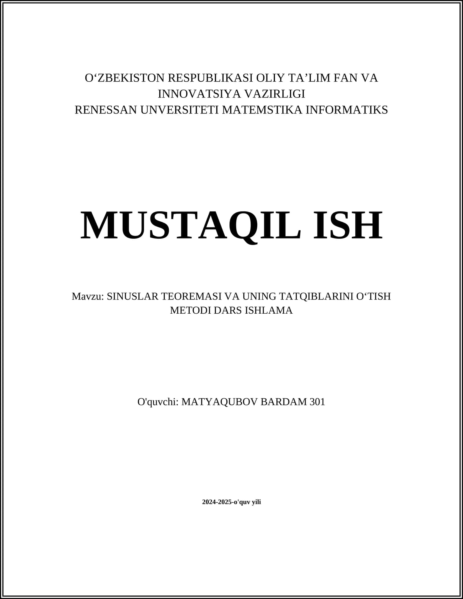 SINUSLAR TEOREMASI VA UNING TATQIBLARINI OʻTISH METODI DARS ISHLAMA 1