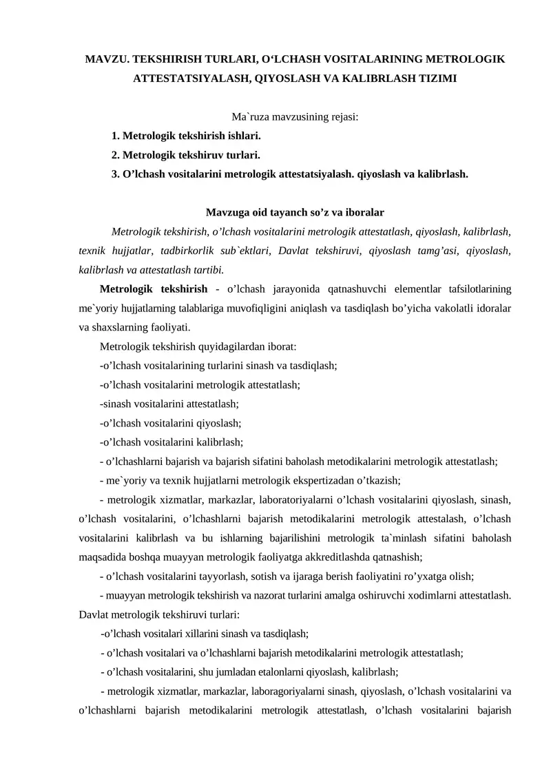 Metrоlоgik tekshirish, o'lchash, qiyoslash va kalibrlash 1