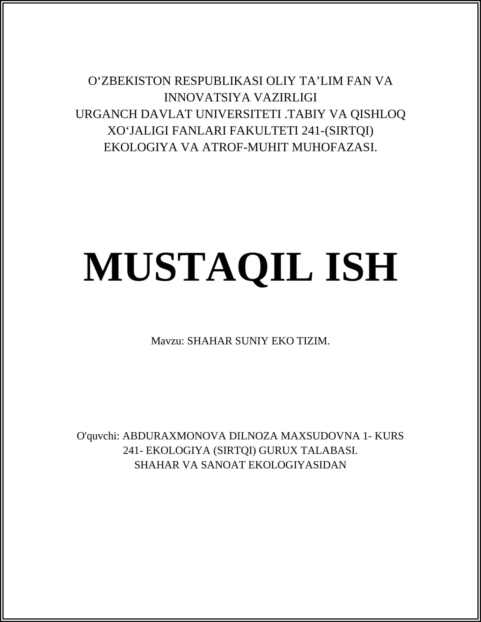 SHAHAR SUNIY EKO TIZIM 1