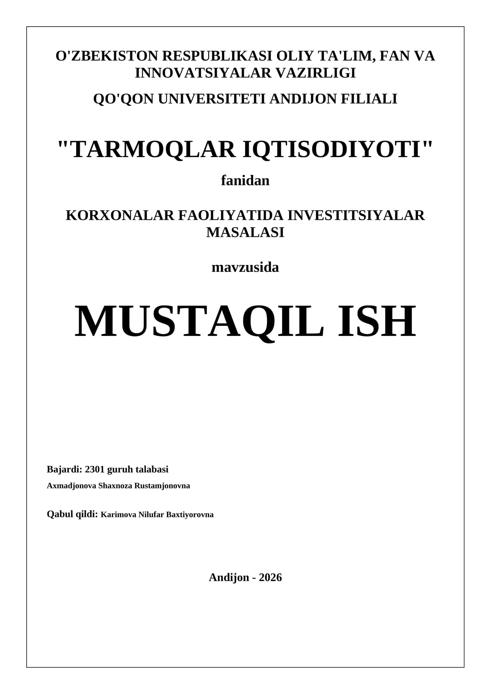 KORXONALAR FAOLIYATIDA INVESTITSIYALAR MASALASI 1