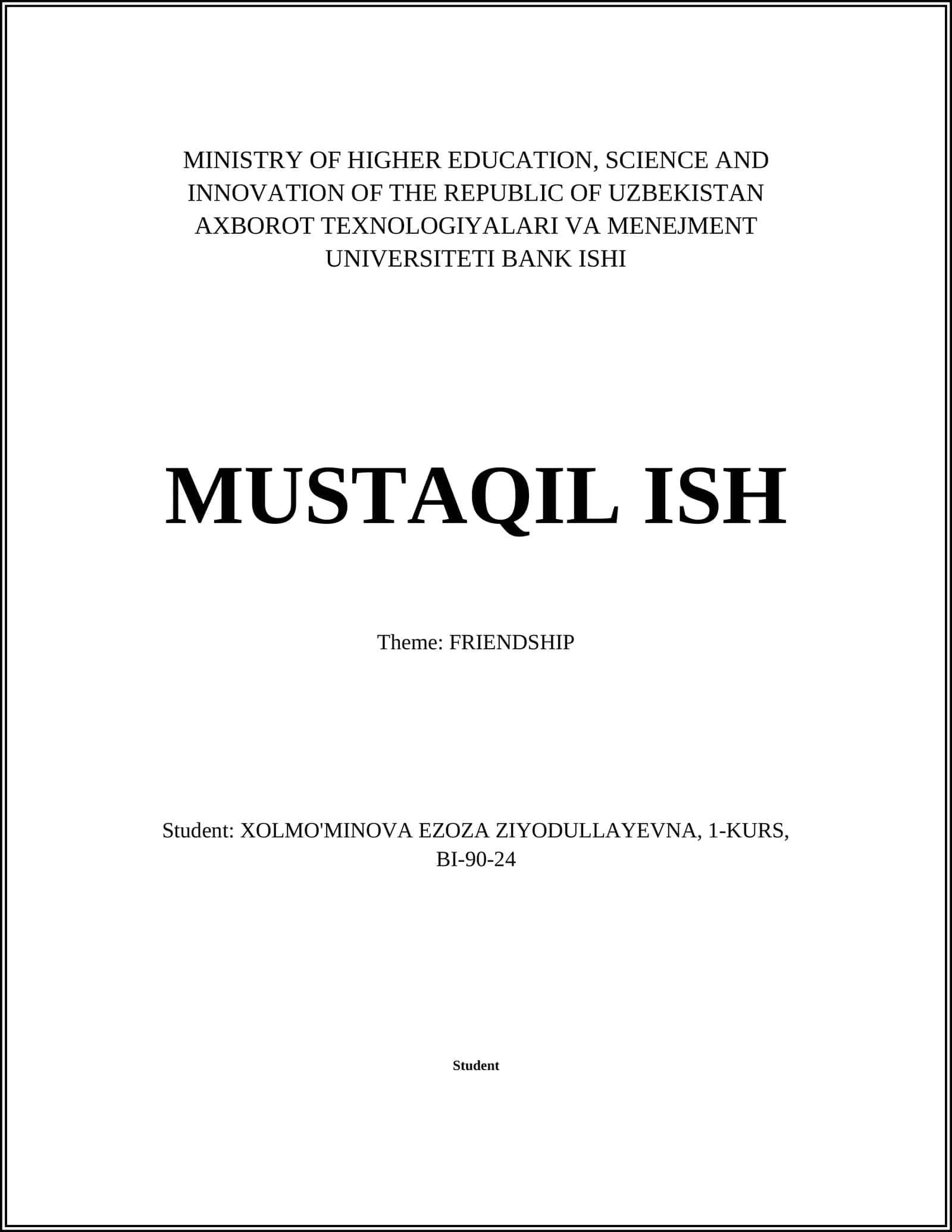 AXBOROT TEXNOLOGIYALARI VA MENEJMENT UNIVERSITETI BANK ISHI MUSTAQIL ISH 1