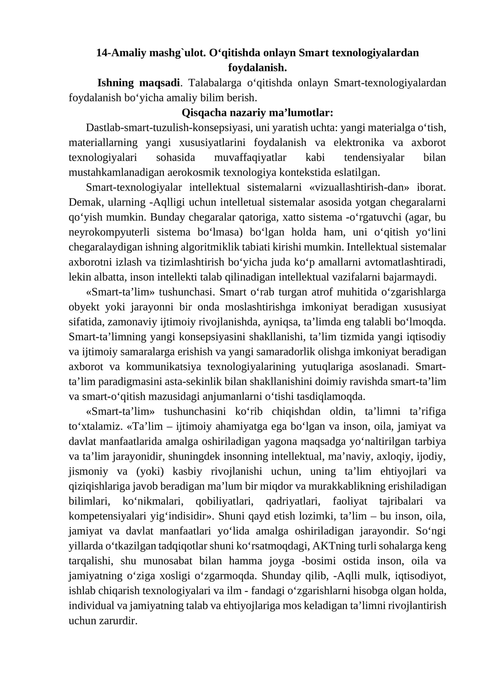 14-Amaliy mashg`ulot. O‘qitishda onlayn Smart texnologiyalardan foydalanish 1