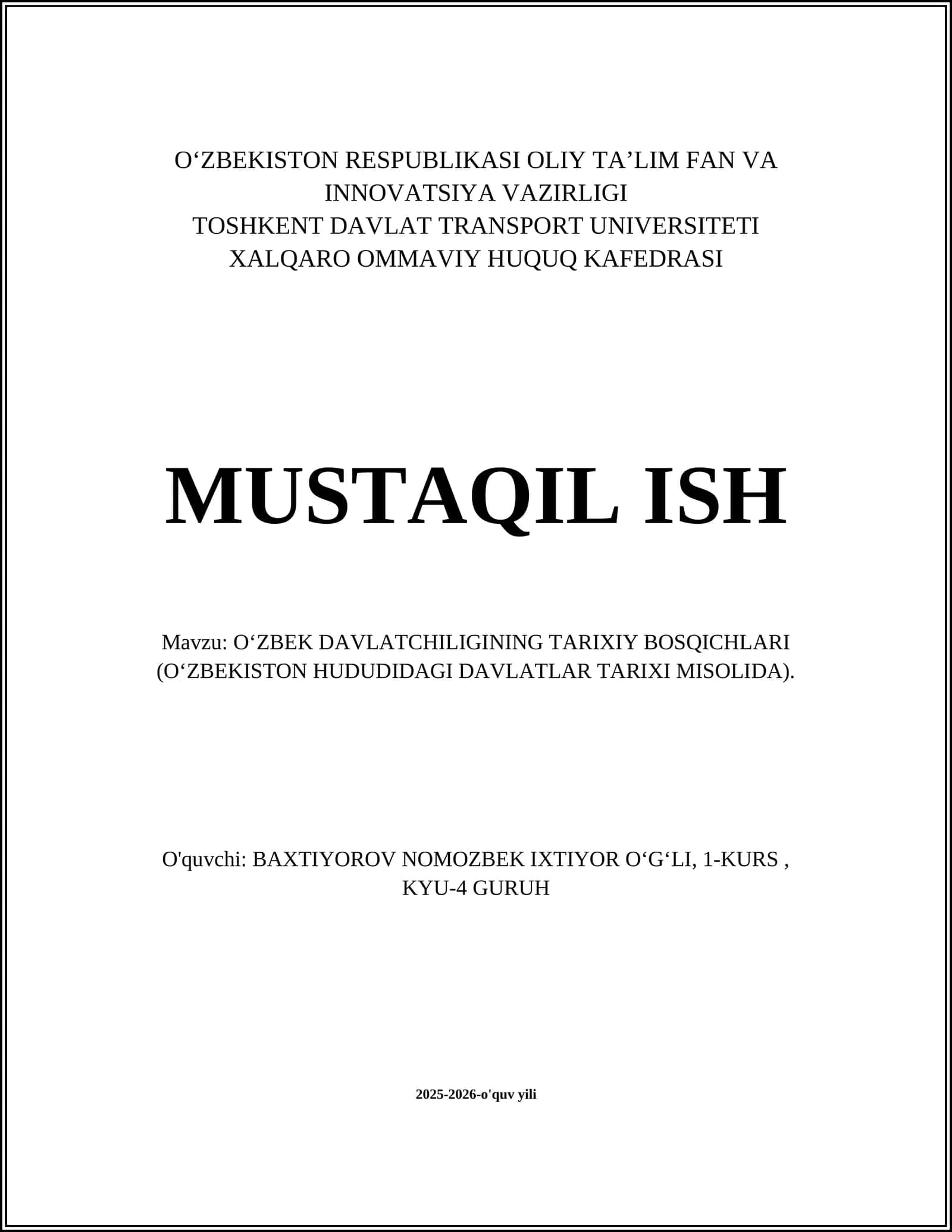 O'ZBEK DAVLATCHILIGINING TARIXIY BOSQICHLARI 1