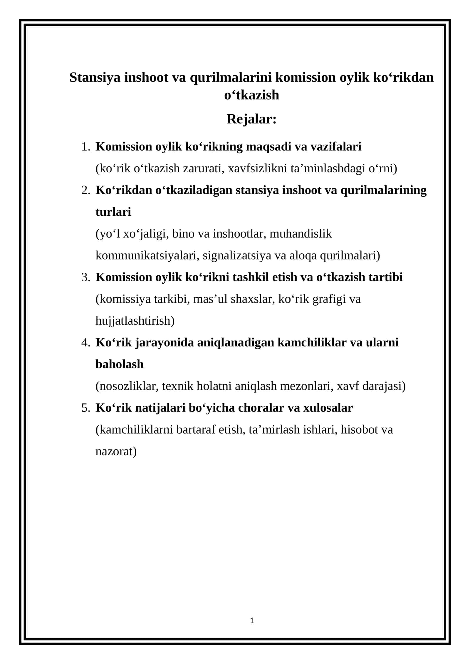 Stansiya inshoot va qurilmalarini komission oylik koʻrikdan oʻtkazish 1