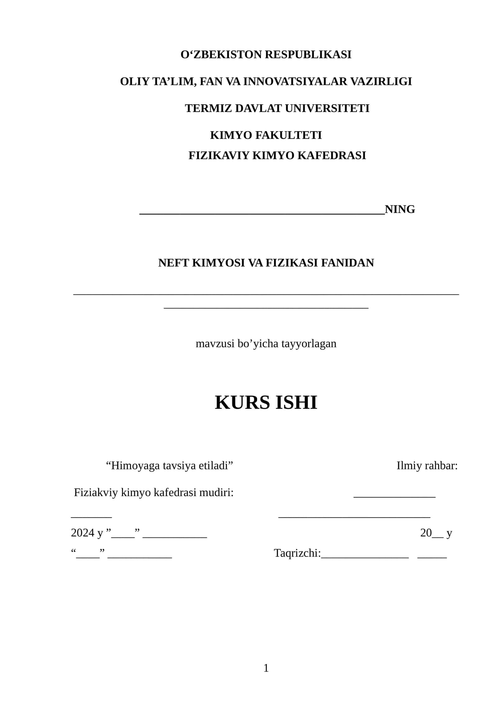 NEFT KIMYOSI VA FIZIKASI FANIDAN KURS ISHI 1