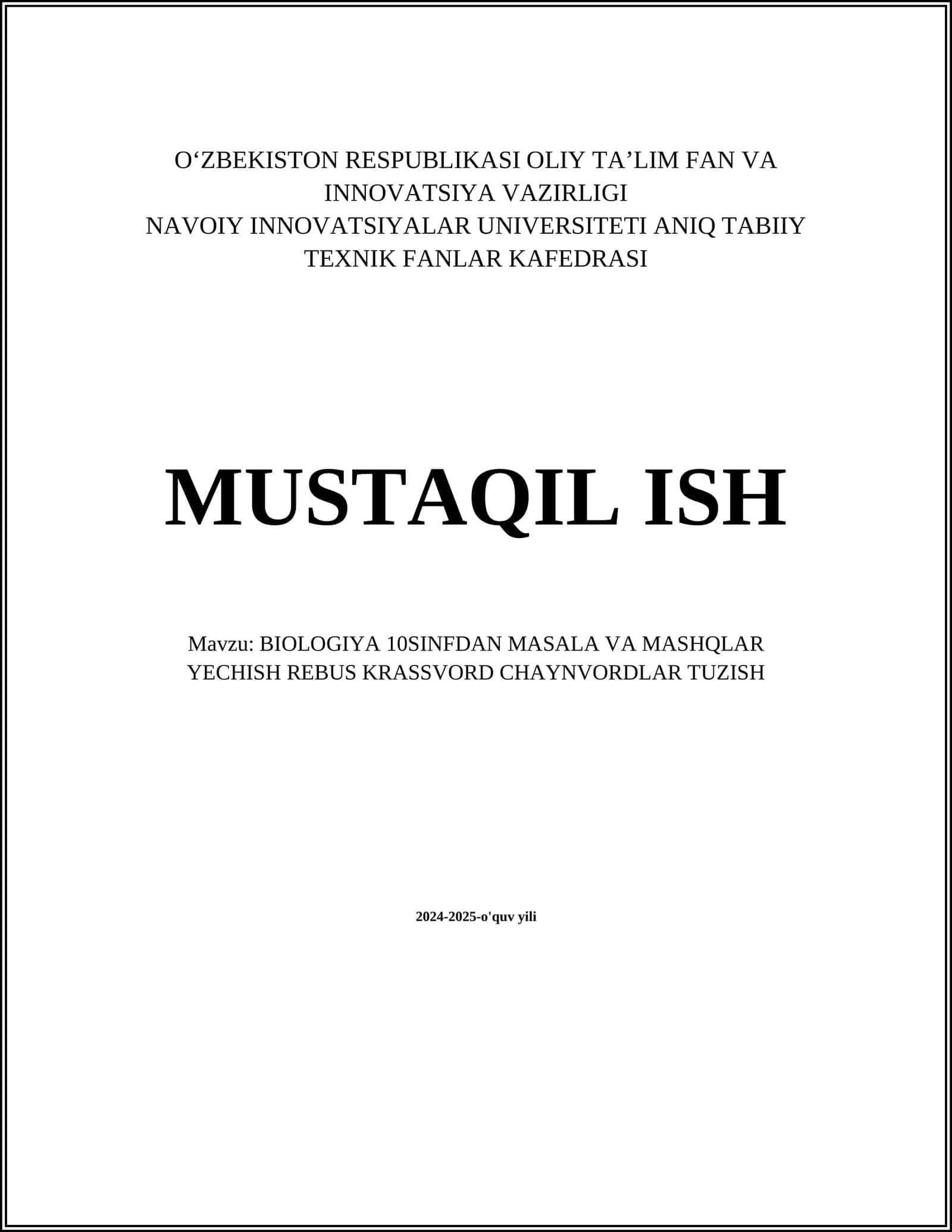 BIOLOGIYA 10SINFDAN MASALA VA MASHQLAR YECHISH REBUS KRASSVORD CHAYNVORDLAR TUZISH 1