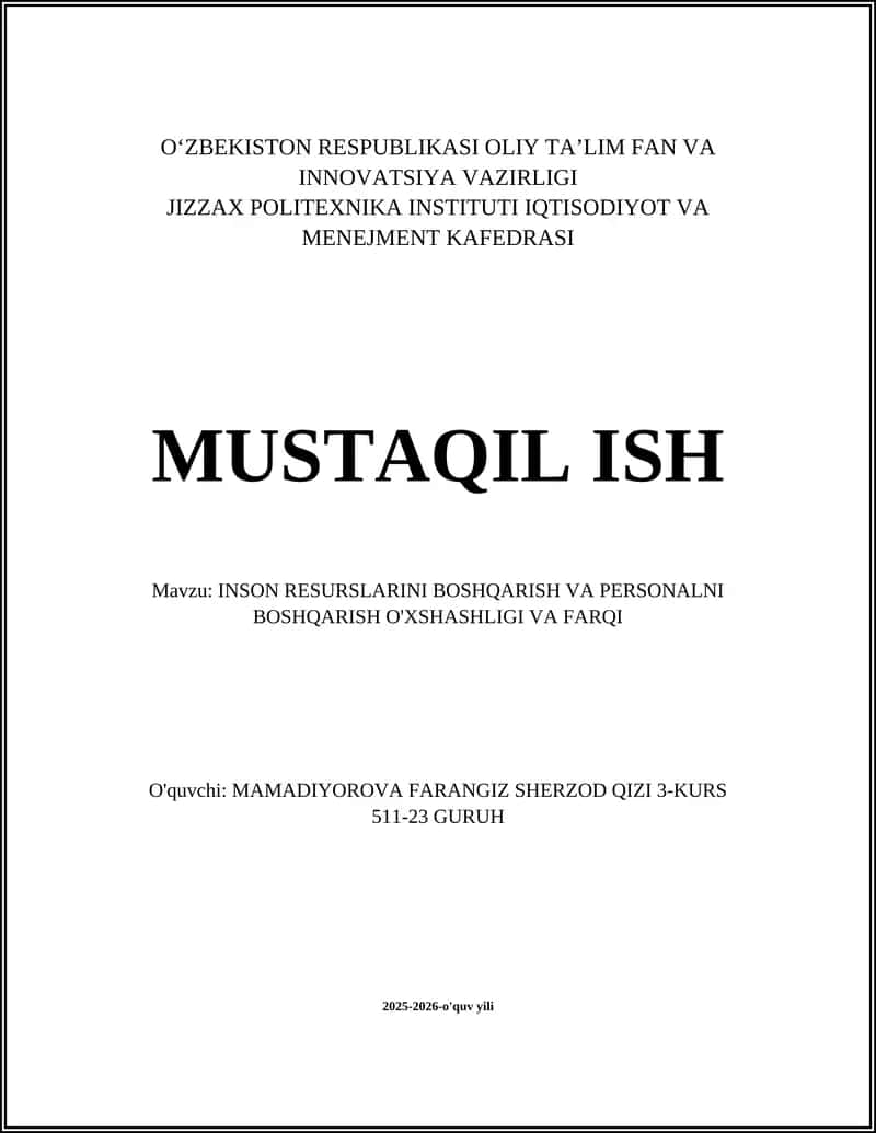 INSON RESURSLARINI BOSHQARISH VA PERSONALNI BOSHQARISH 1