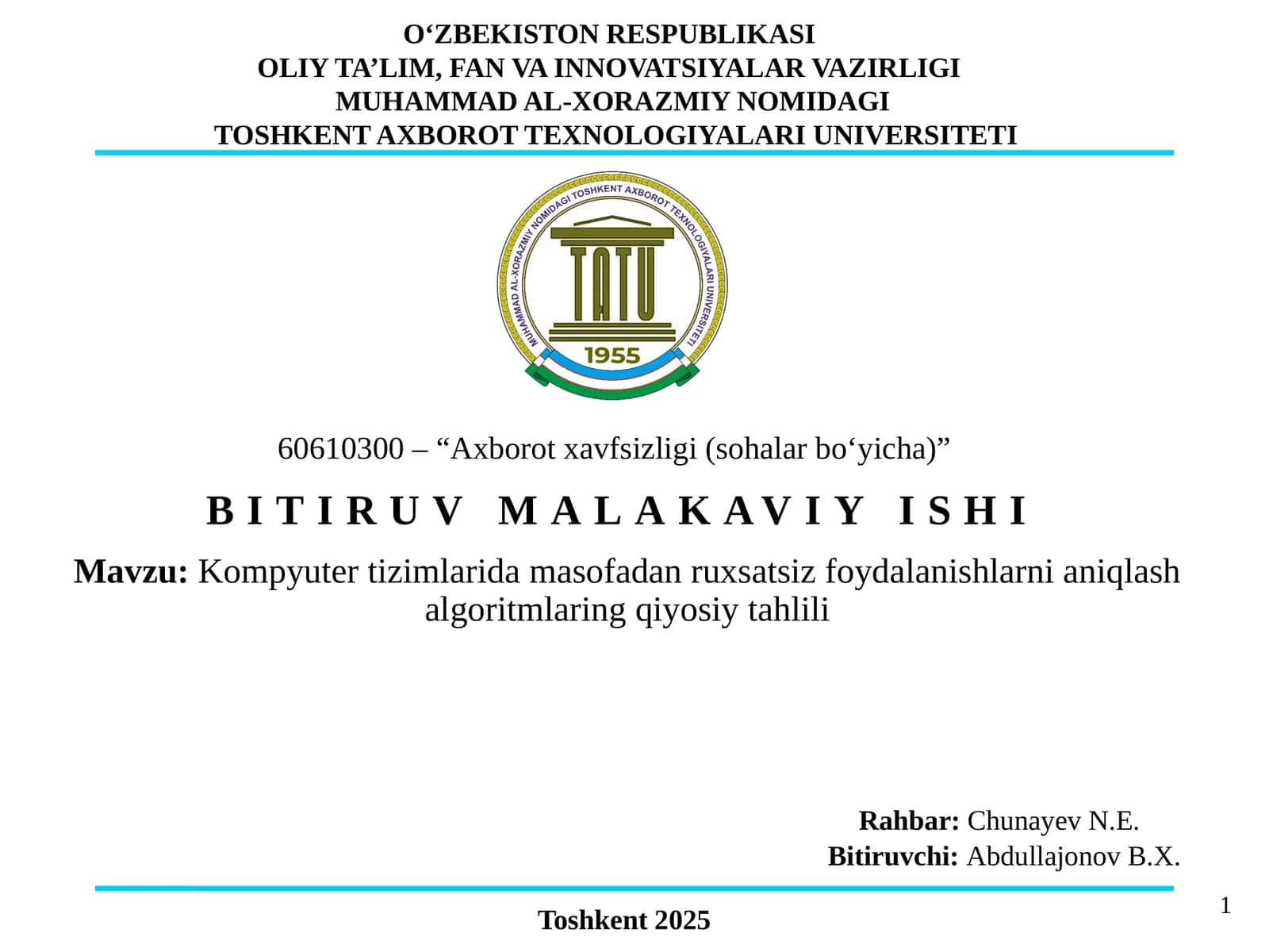 Kompyutertizimlarida masofadan ruxsatsiz foydalanishlarni aniqlash algoritmlarining qiyosiy tahlili 1