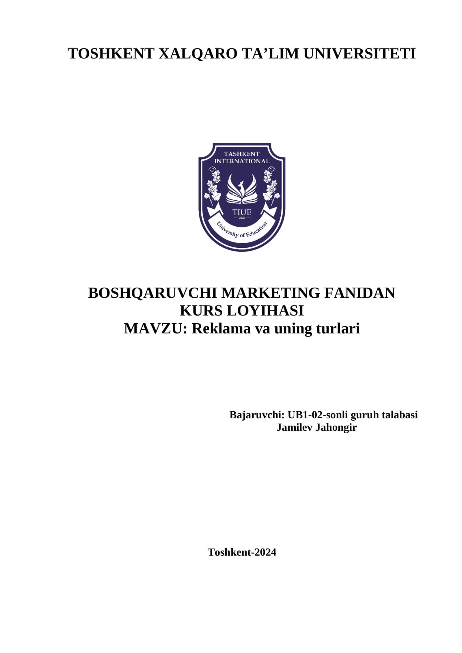 BOSHQARUVCHI MARKETING FANIDAN KURS LOYIHASI 1