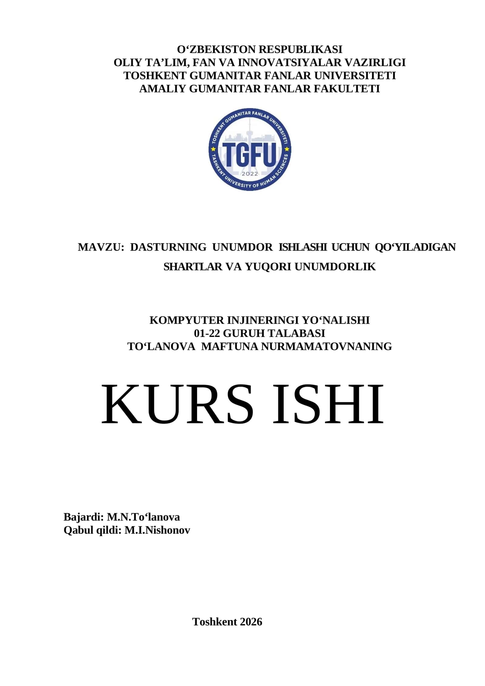 DASTURNING UNUMDOR ISHLASHI UCHUN QO‘YILADIGAN SHARTLAR VA YUQORI UNUMDORLIK KOMPYUTER INJINERINGI YO‘NALISHI 1