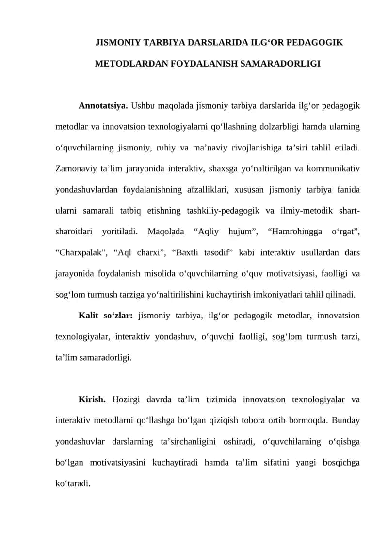 JISMONIY TARBIYA DARSLARIDA ILG‘OR PEDAGOGIK METODLARDAN FOYDALANISH SAMARADORLIGI 1