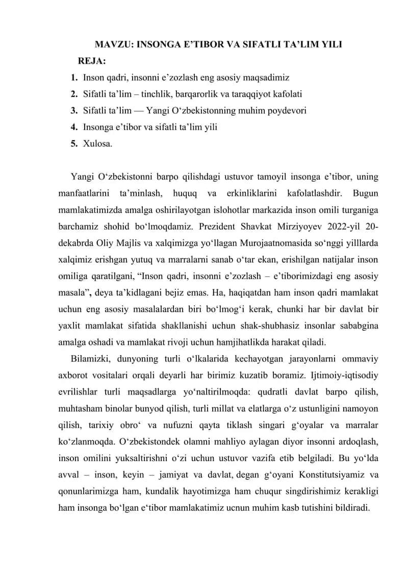 INSONGA E’TIBOR VA SIFATLI TA’LIM YILI 1