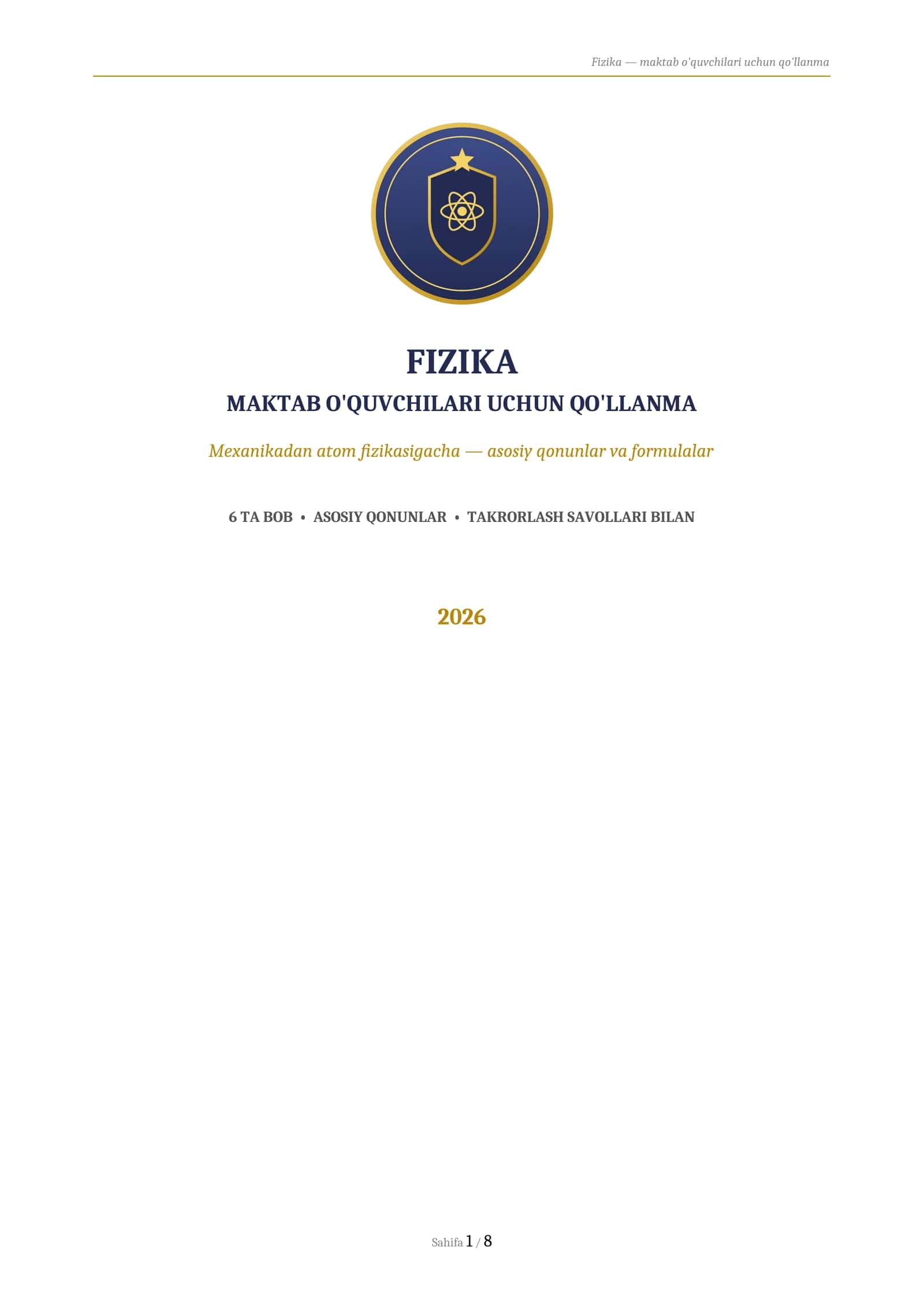 FIZIKA
MAKTAB O'QUVCHILARI UCHUN QO'LLANMA 1