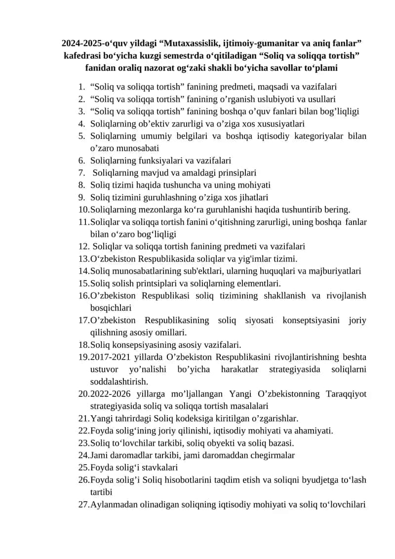 Soliq va Soliqqa Tortish fanidan Oraliq Nazorat Savollari 1