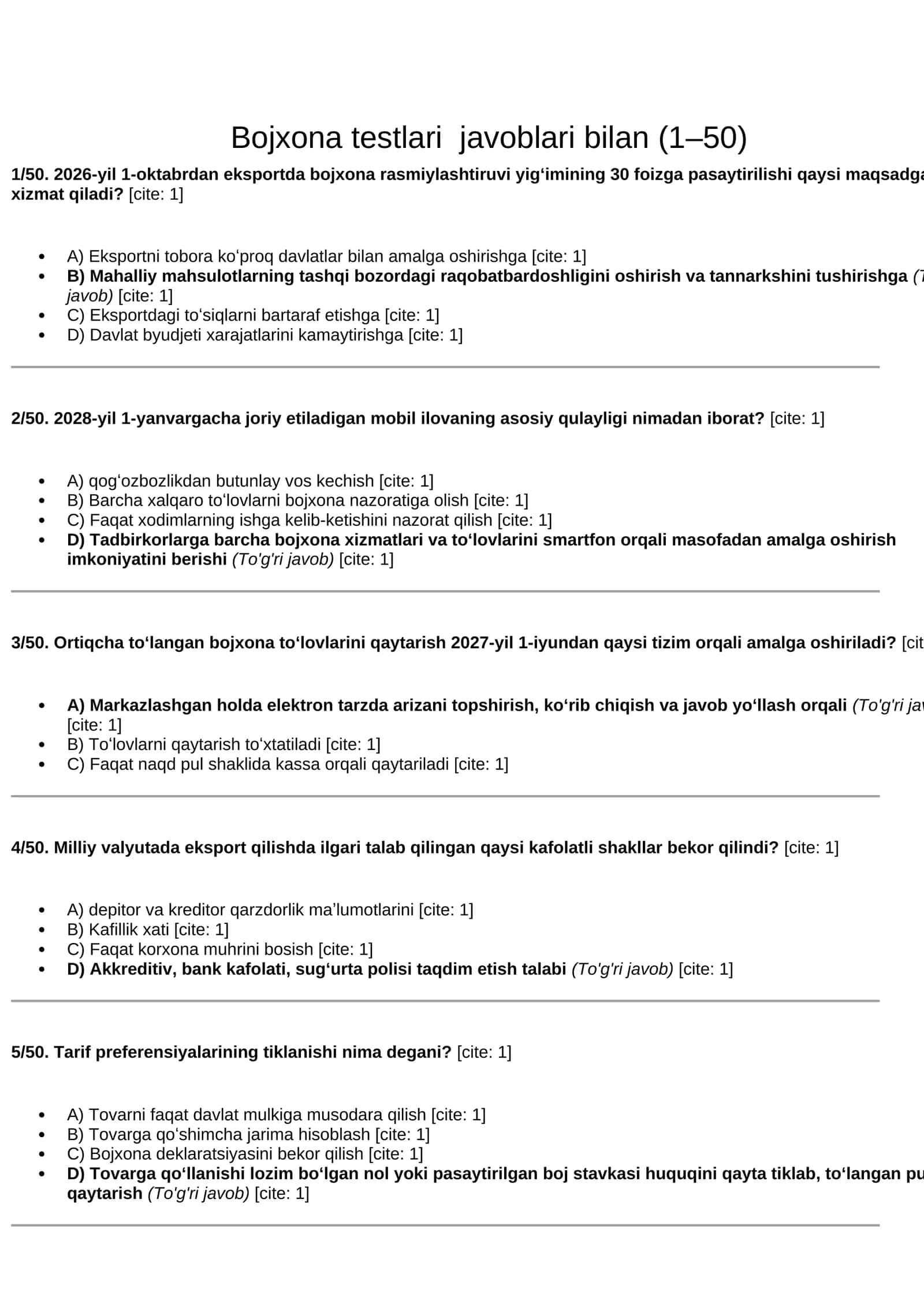 Bojxona testlari javoblari bilan (1–50) 1