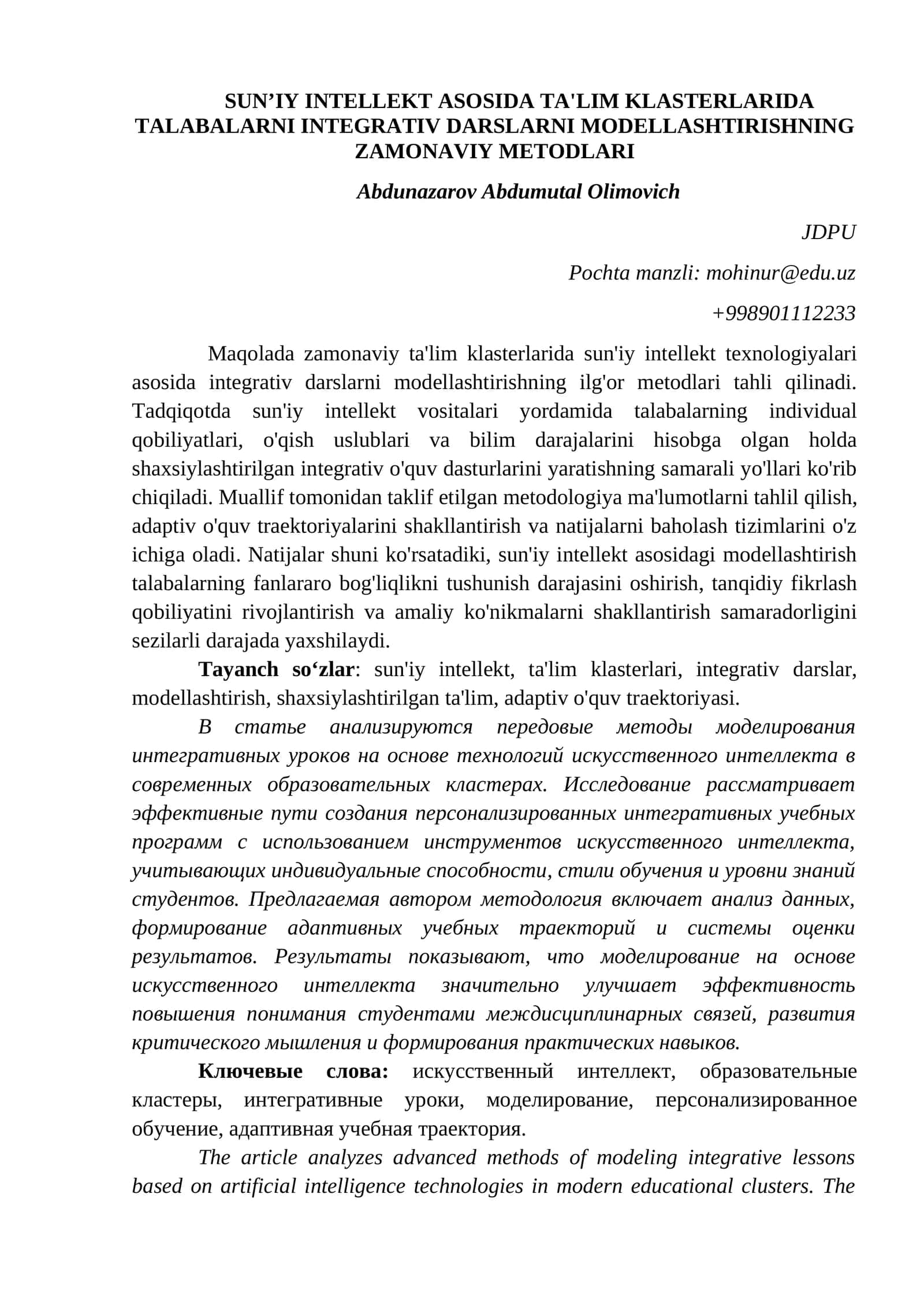 SUN’IY INTELLEKT ASOSIDA TA'LIM KLASTERLARIDA TALABALARNI INTEGRATIV DARSLARNI MODELLASHTIRISHNING ZAMONAVIY METODLARI 1