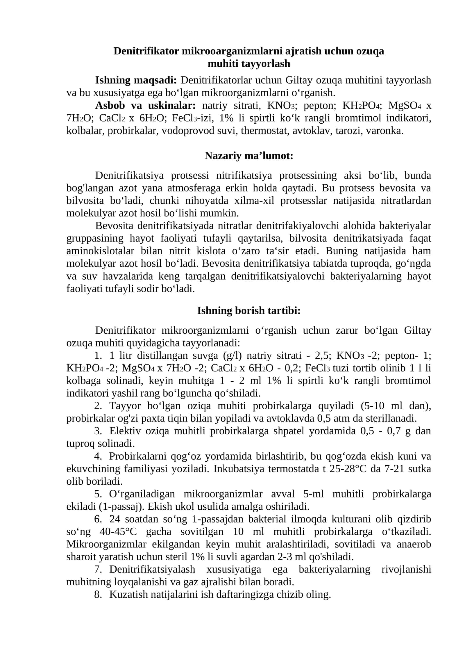 Denitrifikator mikrooarganizmlarni ajratish uchun ozuqa muhiti tayyorlash 1