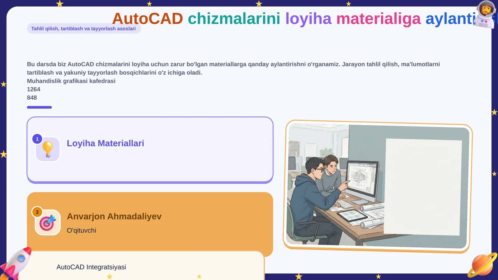 AutoCad chizmalarini loyiha materialiga aylantirish tahlil qilish,tartiblash va tayyorlash 1