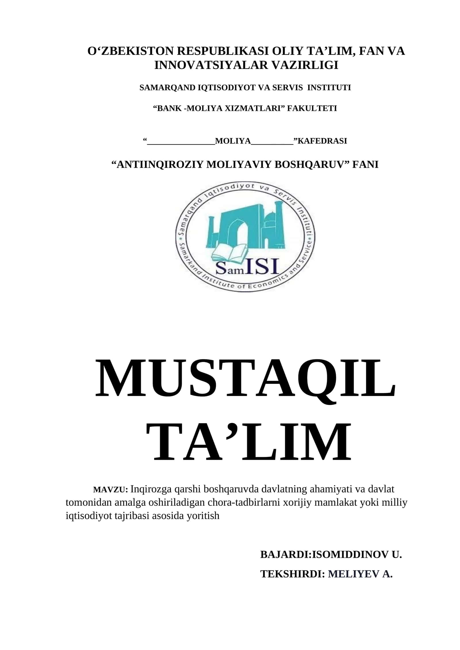 Inqirozga qarshi boshqaruvda davlatning ahamiyati va davlat tomonidan amalga oshiriladigan chora-tadbirlarni xorijiy mamlakat yoki milliy iqtisodiyot tajribasi asosida yoritish 1
