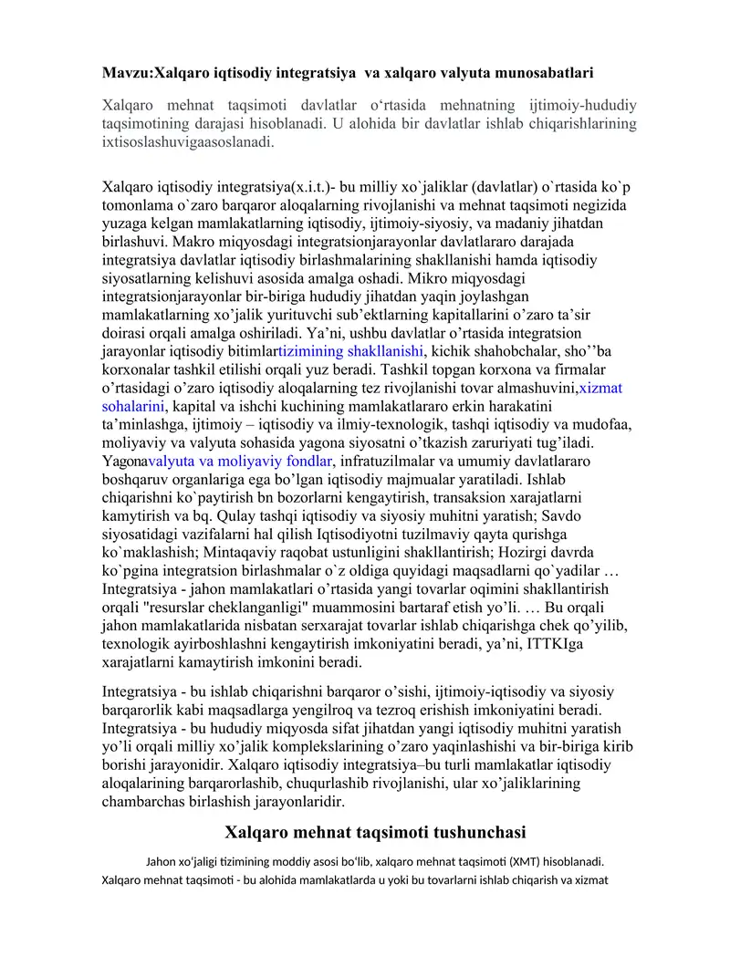 Xalqaro iqtisodiy integratsiya va xalqaro valyuta munosabatlari 1