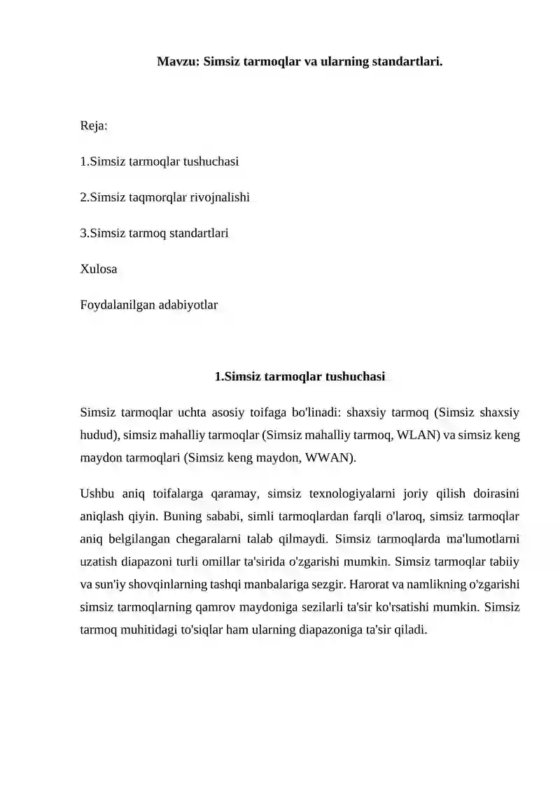 Simsiz tarmoqlar va ularning standartlari