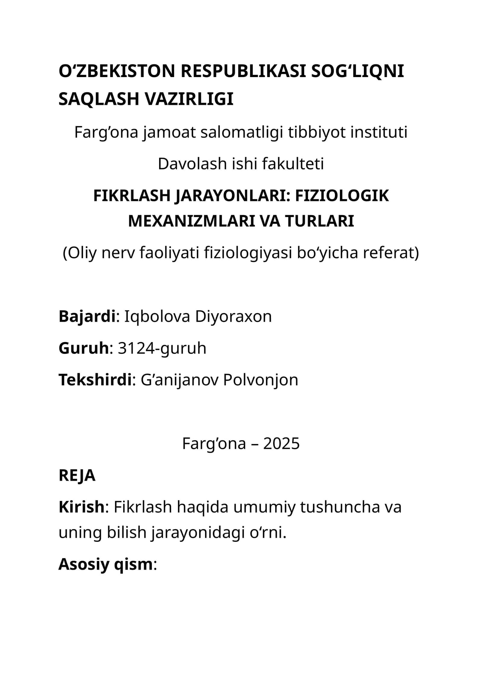 FIKRLASH JARAYONLARI: FIZIOLOGIK MEXANIZMLARI VA TURLARI 1