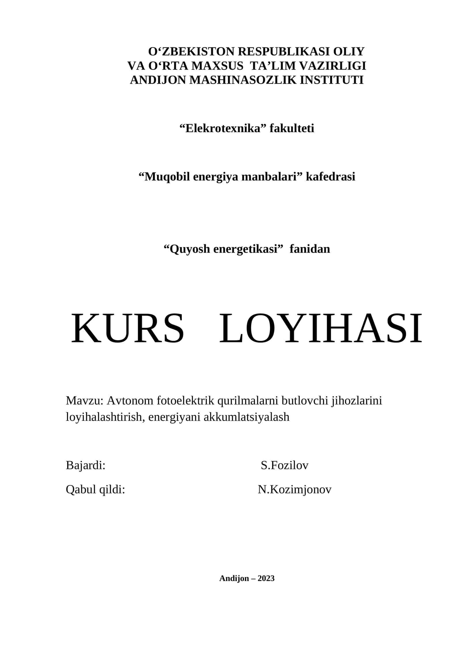 Avtonom fotoelektrik qurilmalarni butlovchi jihozlarini loyihalashtirish 1