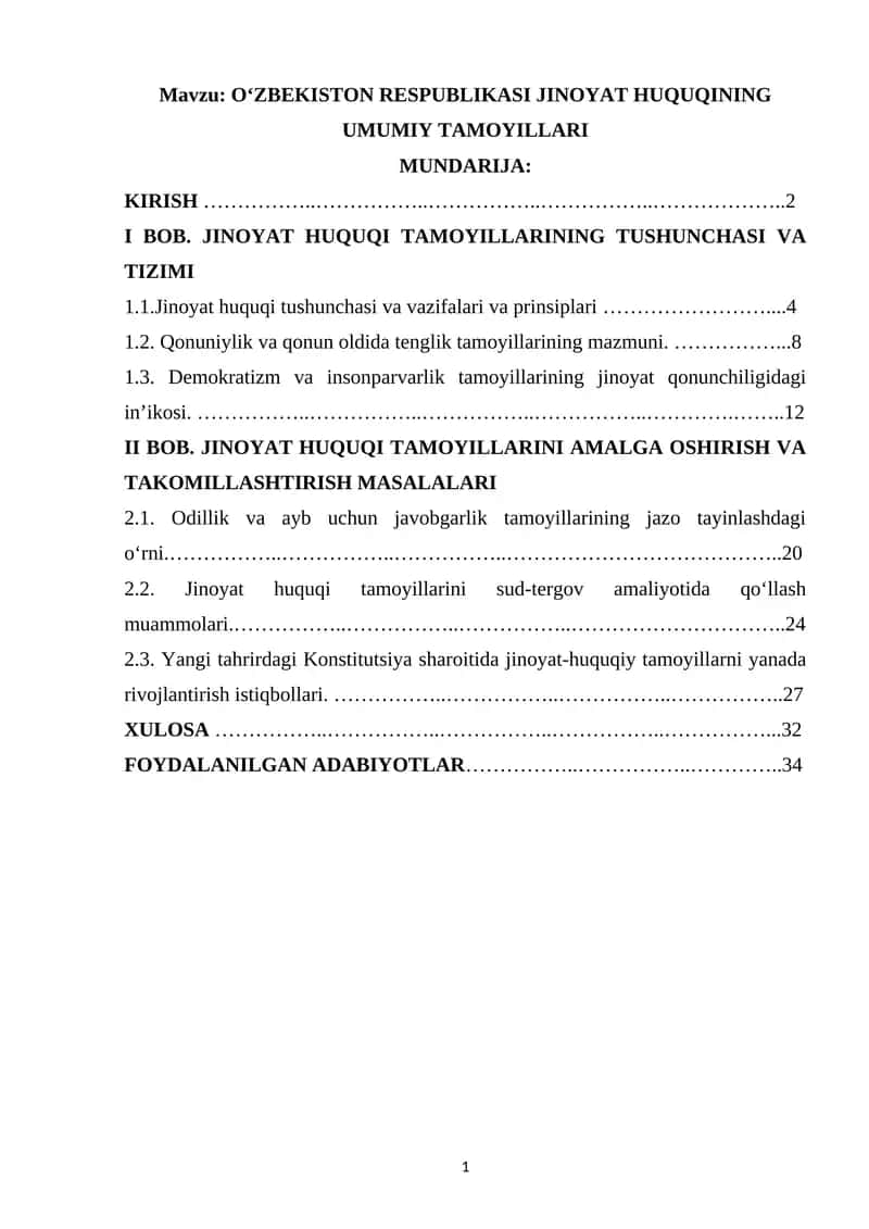 O‘ZBEKISTON RESPUBLIKASI JINOYAT HUQUQINING UMUMIY TAMOYILLARI 1