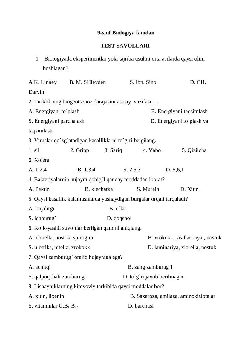9-sinf Biologiya fanidan TEST SAVOLLARI 1