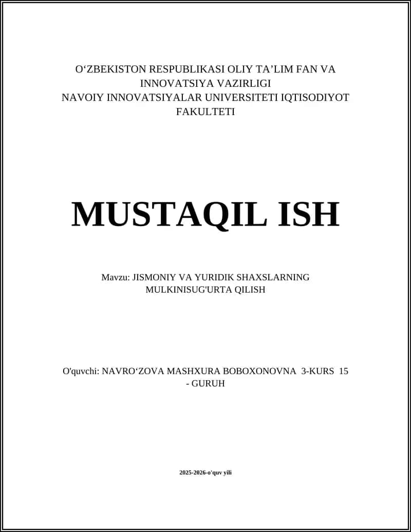 Jismoniy va yuridik shaxslarning mulkni sug'urta qilish tushunchasi va mohiyati 1