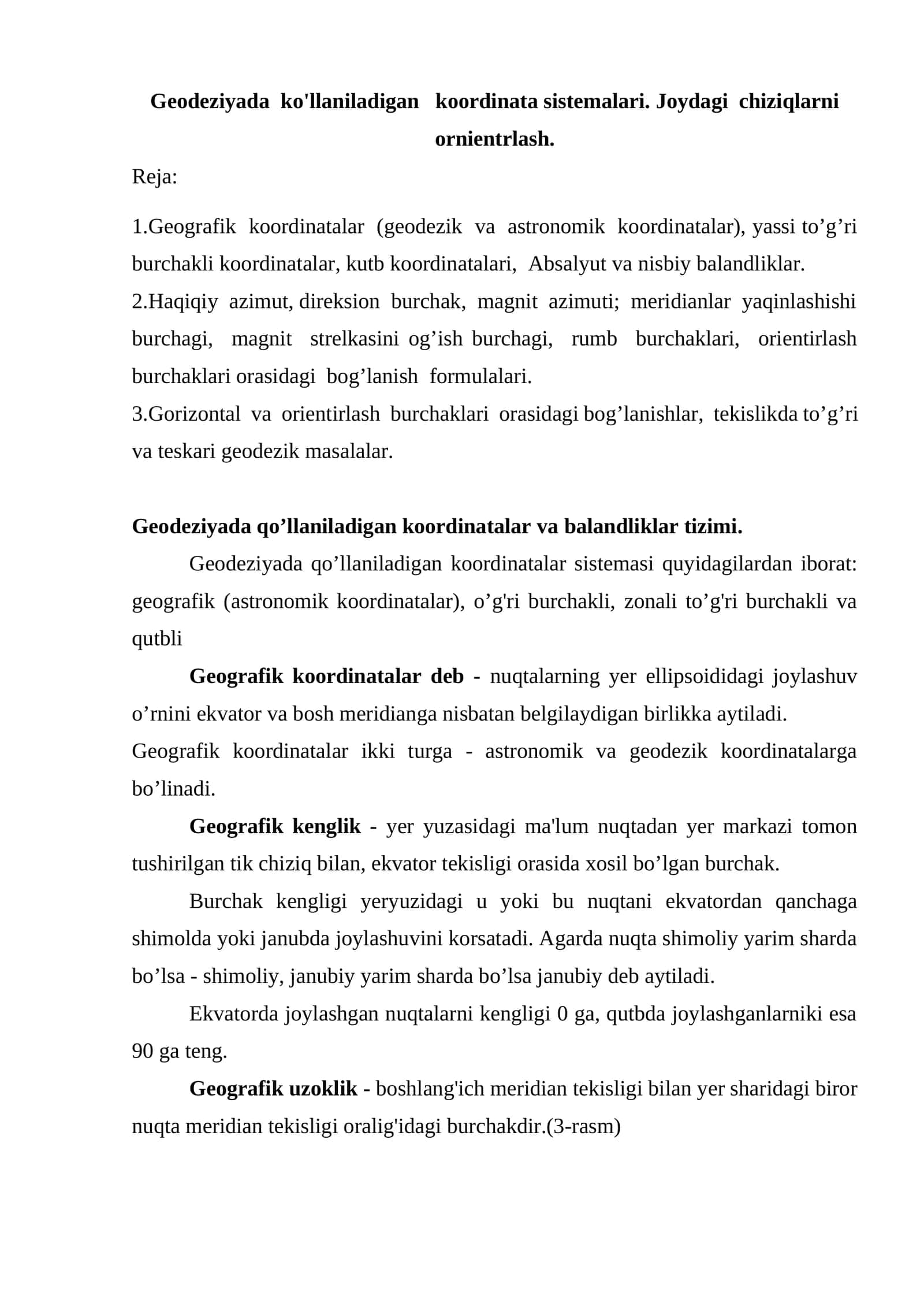 Geodeziyada ko'llaniladigan koordinata sistemalari 1