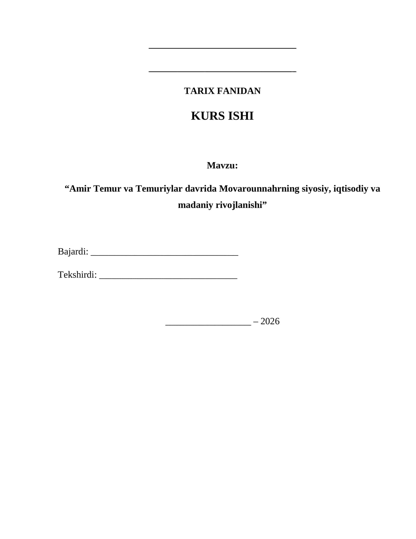 Amir Temur va Temuriylar davri — tayyor kurs ishi 1