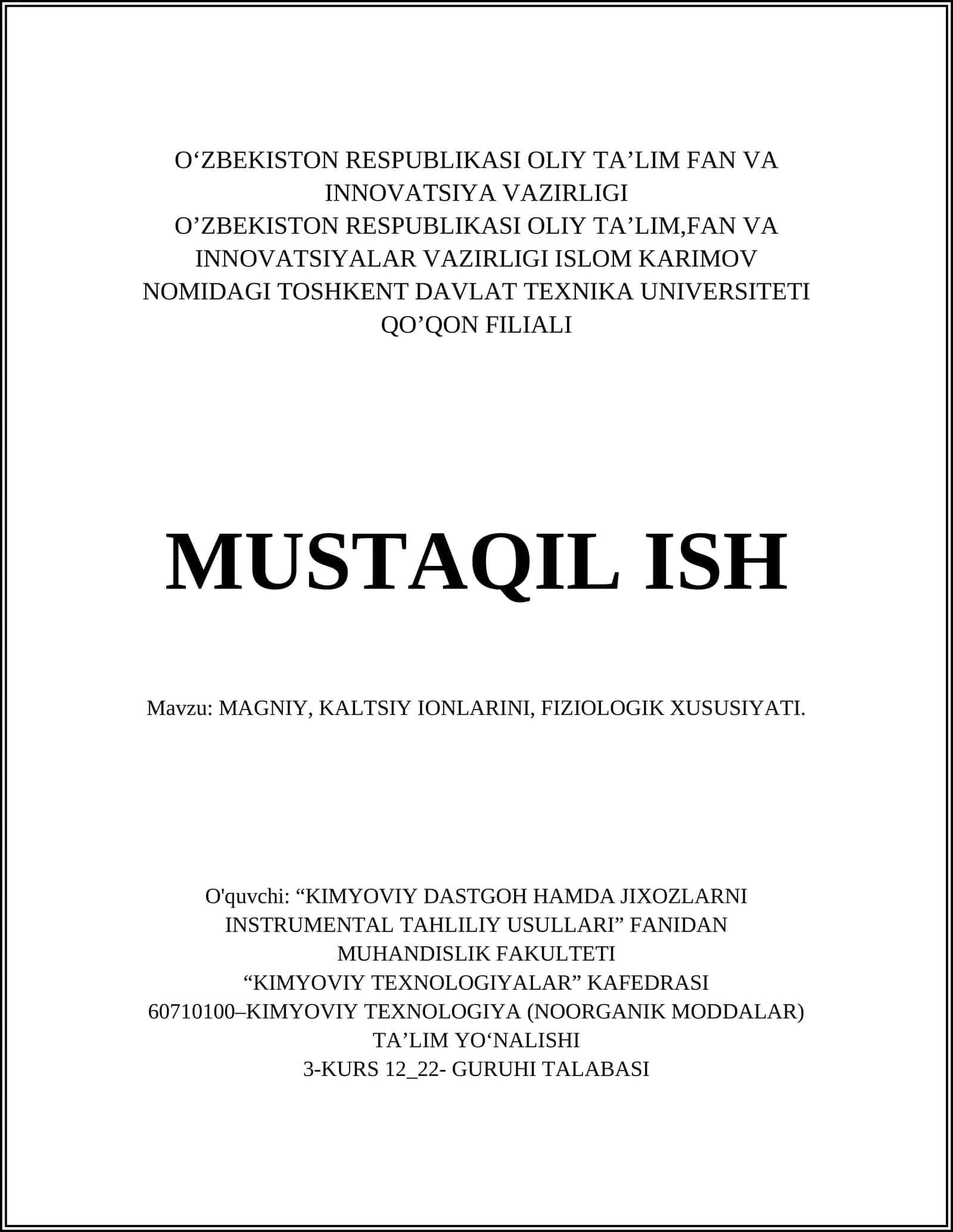 MAGNIY, KALTSIY IONLARINI, FIZIOLOGIK XUSUSIYATI 1