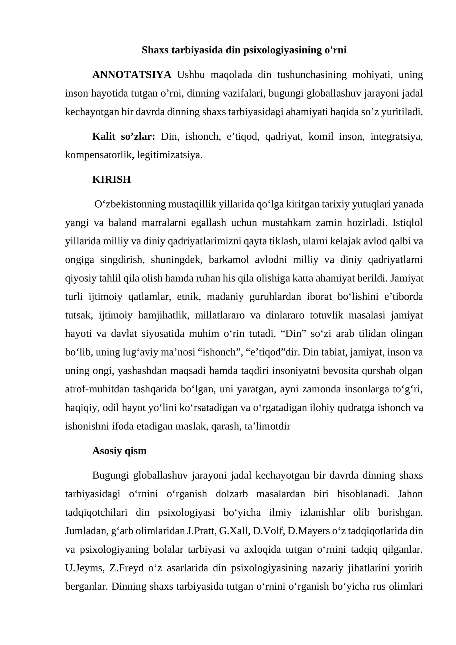 Shaxs tarbiyasida din psixologiyasining o'rni 1