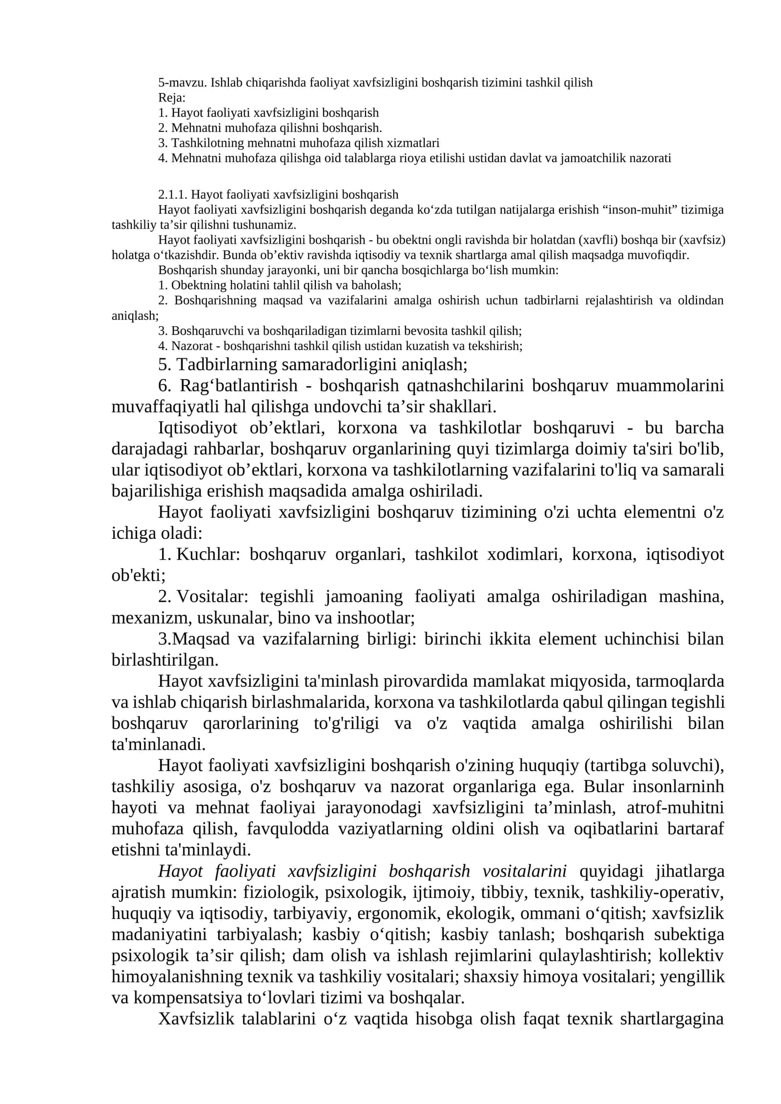 Ishlab chiqarishda faoliyat xavfsizligini boshqarish tizimini tashkil qilish 1