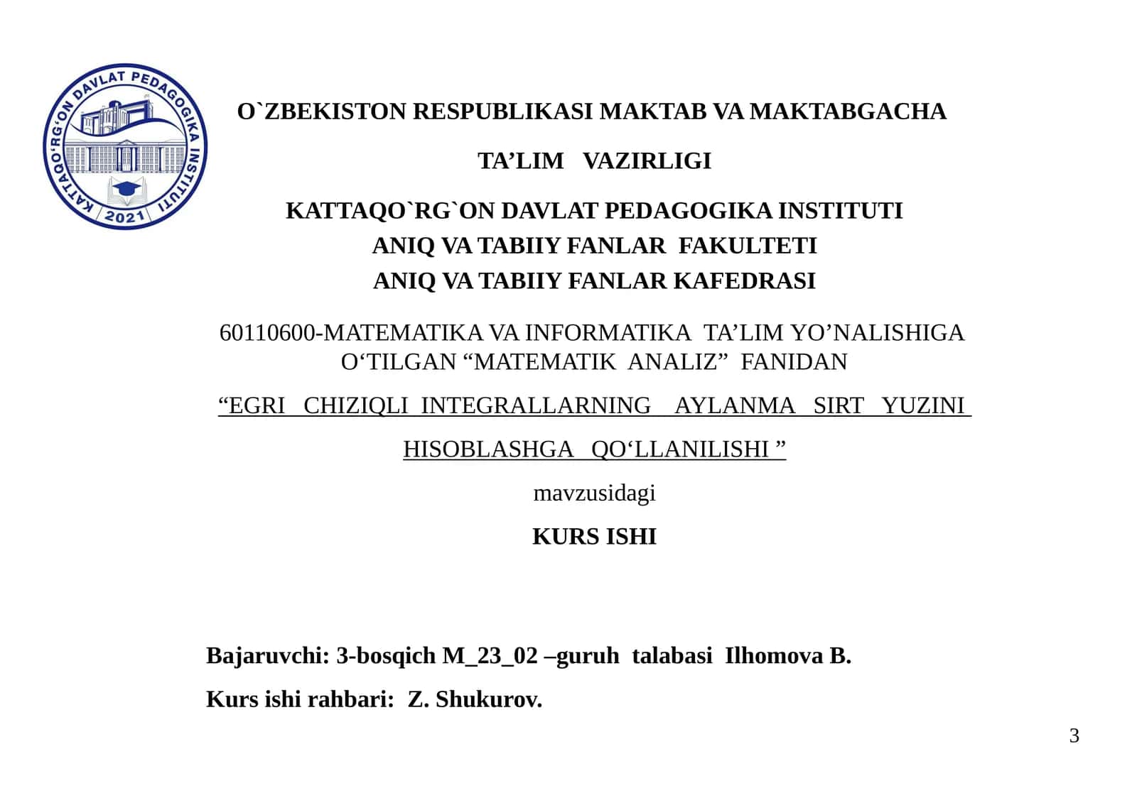 “EGRI CHIZIQLI INTEGRALLARNING AYLANMA SIRT YUZINI HISOBLASHGA QO‘LLANILISHI” kurs ishi 1