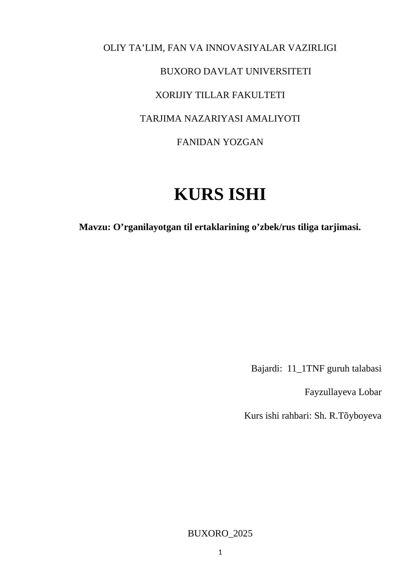 O’rganilayotgan til ertaklarining o’zbek/rus tiliga tarjimasi 1