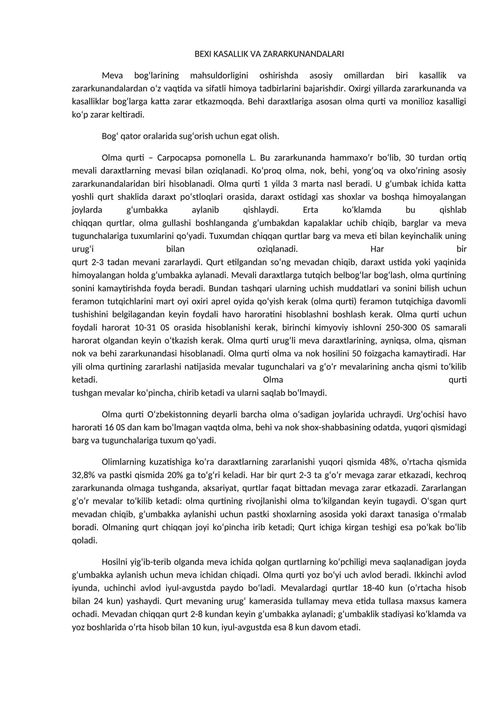 BEXI KASALLIK VA ZARARKUNANDALARI 1