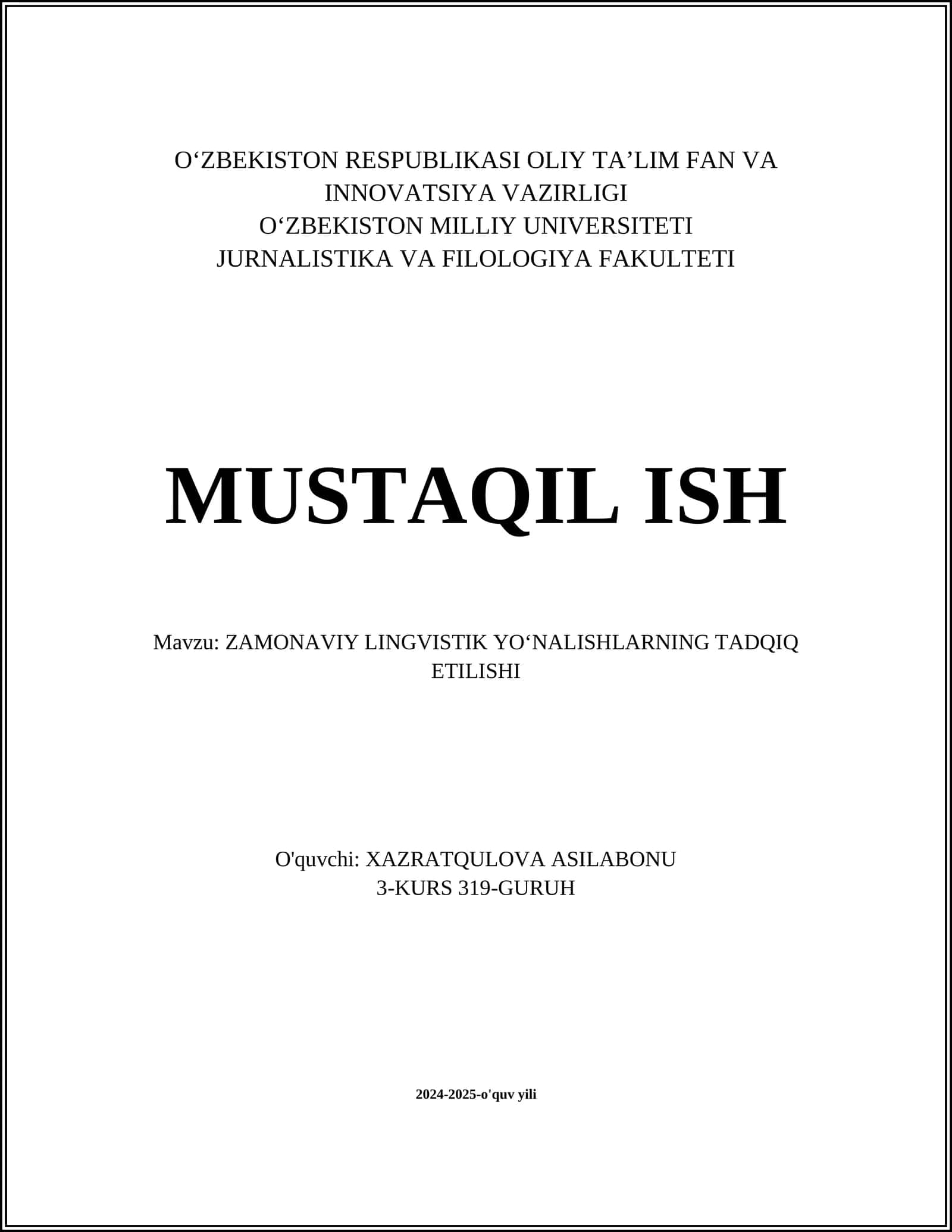 ZAMONAVIY LINGVISTIK YOʻNALISHLARNING TADQIQ ETILISHI 1