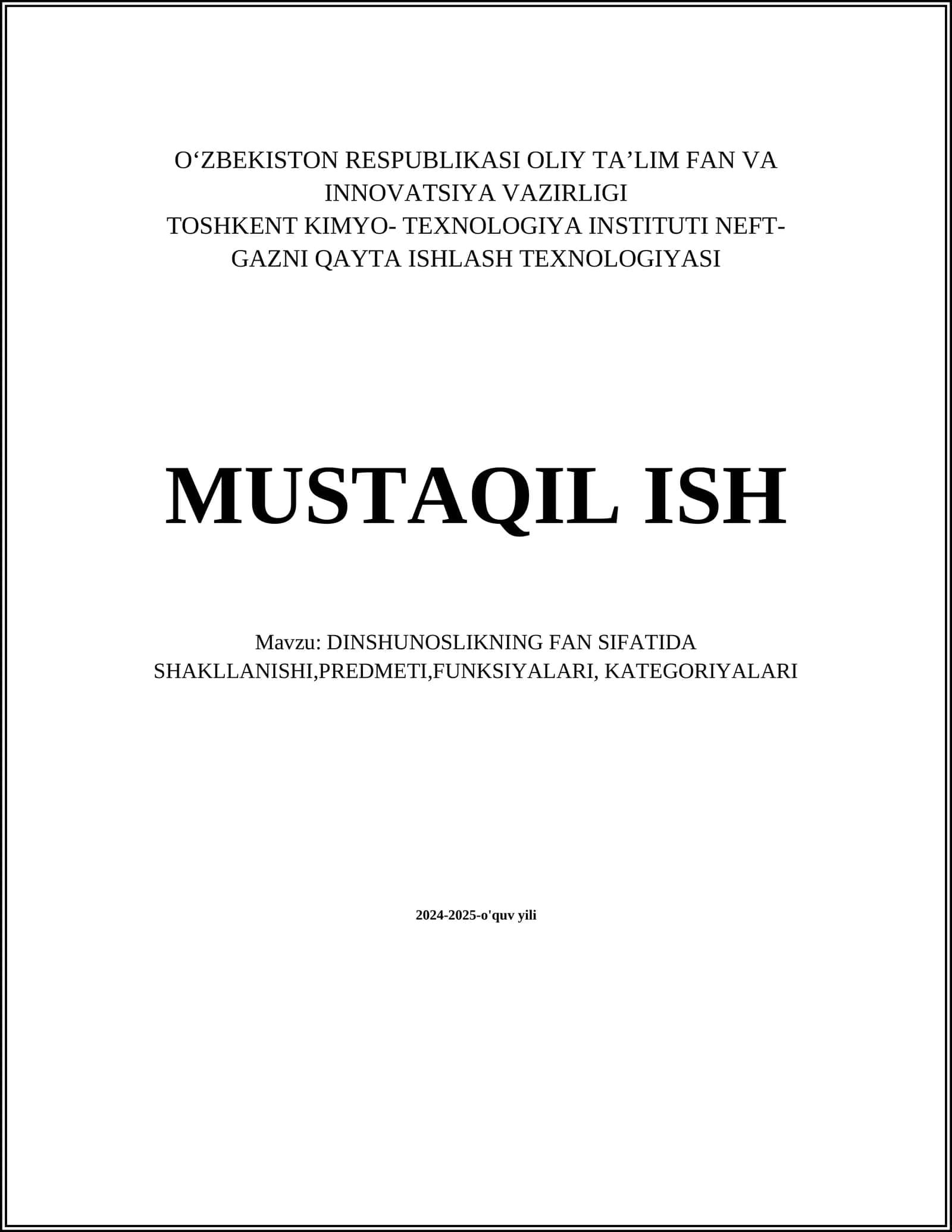 DINSHUNOSLIKNING FAN SIFATIDA SHAKLLANISHI,PREDMETI,FUNKSIYALARI, KATEGORIYALARI 1