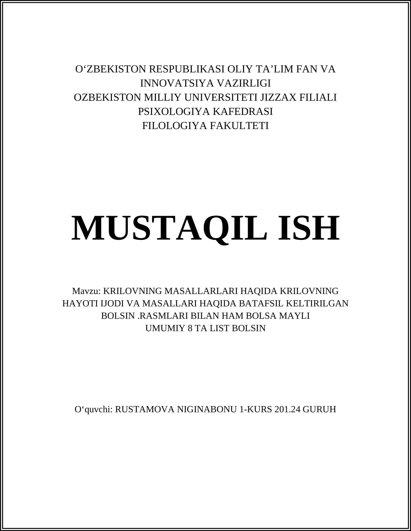 KRILOVNING MASALLARLARI HAQIDA KRILOVNING HAYOTI IJODI VA MASALLARI HAQIDA BATAFSIL KELTIRILGAN BOLSIN 1