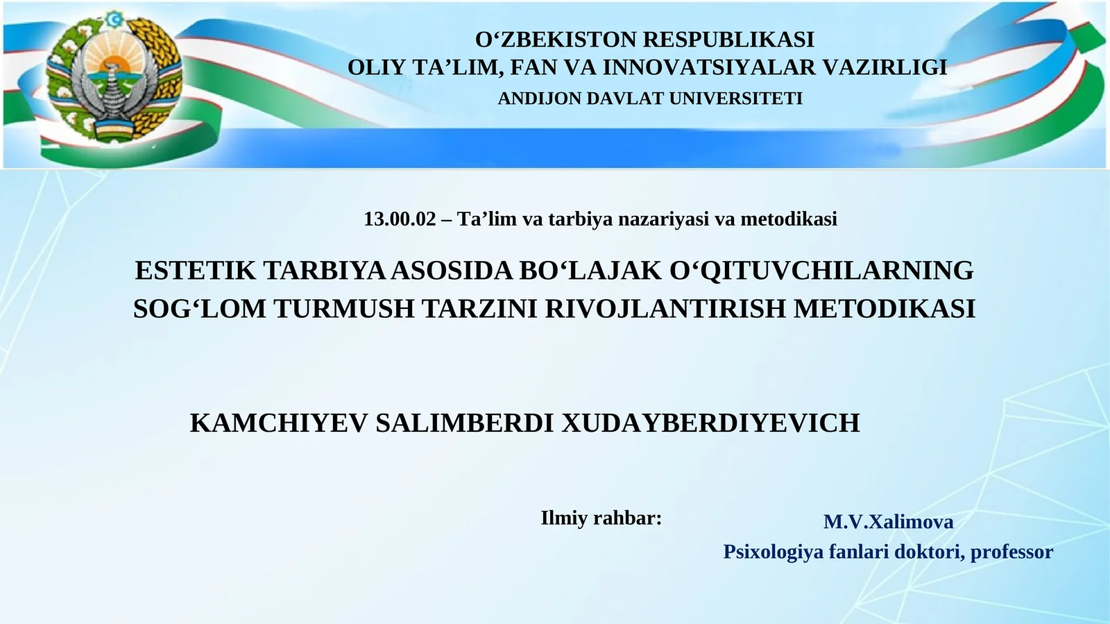 ESTETIK TARBIYA ASOSIDA BO‘LAJAK O‘QITUVCHILARNING SOG‘LOM TURMUSH TARZINI RIVOJLANTIRISH METODIKASI 1