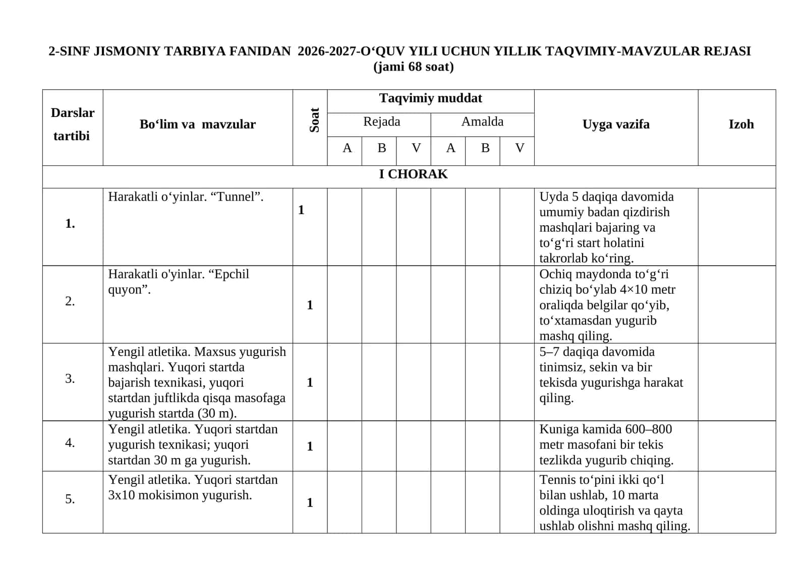 2-SINF JISMONIY TARBIYA FANIDAN 2026-2027-O‘QUV YILI UCHUN YILLIK TAQVIMIY-MAVZULAR REJASI 1