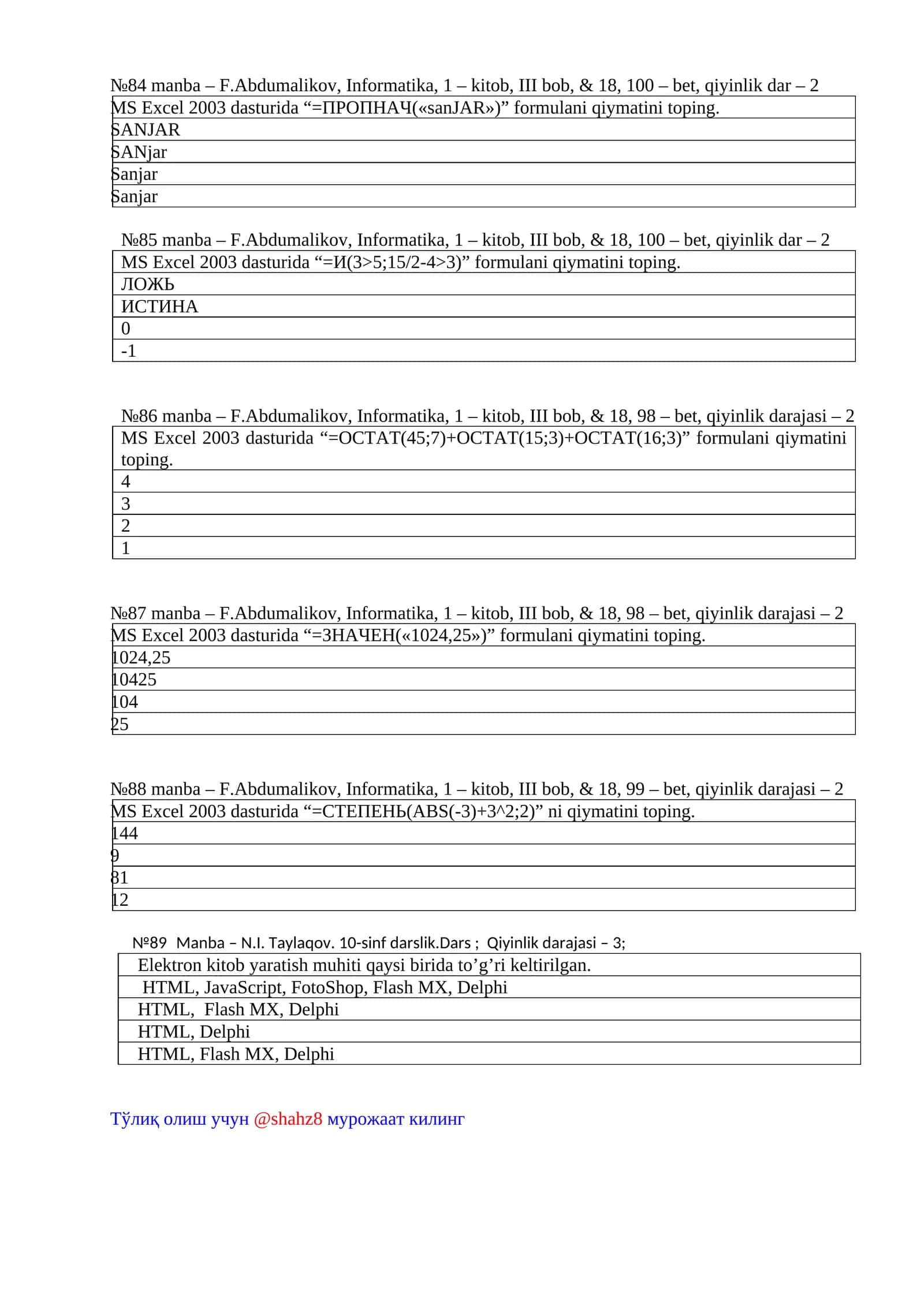 MS Excel 2003 dasturida formulalar 1