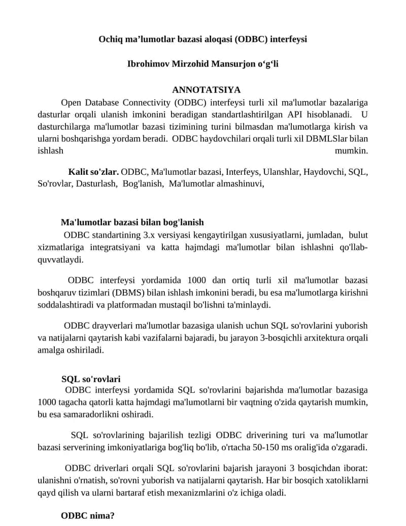 Ochiq ma’lumotlar bazasi aloqasi (ODBC) interfeysi 1